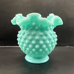 Fenton 1950s Aqua Milk Glass Hobnail Ruffled Rose Bowl Vase 4.25”