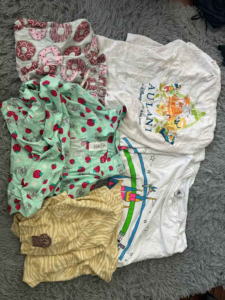 Lot of 5 - Disney button down shirts, regular shirts and one pair of doughnut pants
