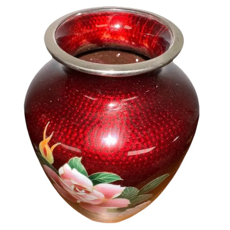 Vtg Japanese Ginbari Cloisonné Ando Sato Pigeon Blood Red Floral Roses Vase 7.5”