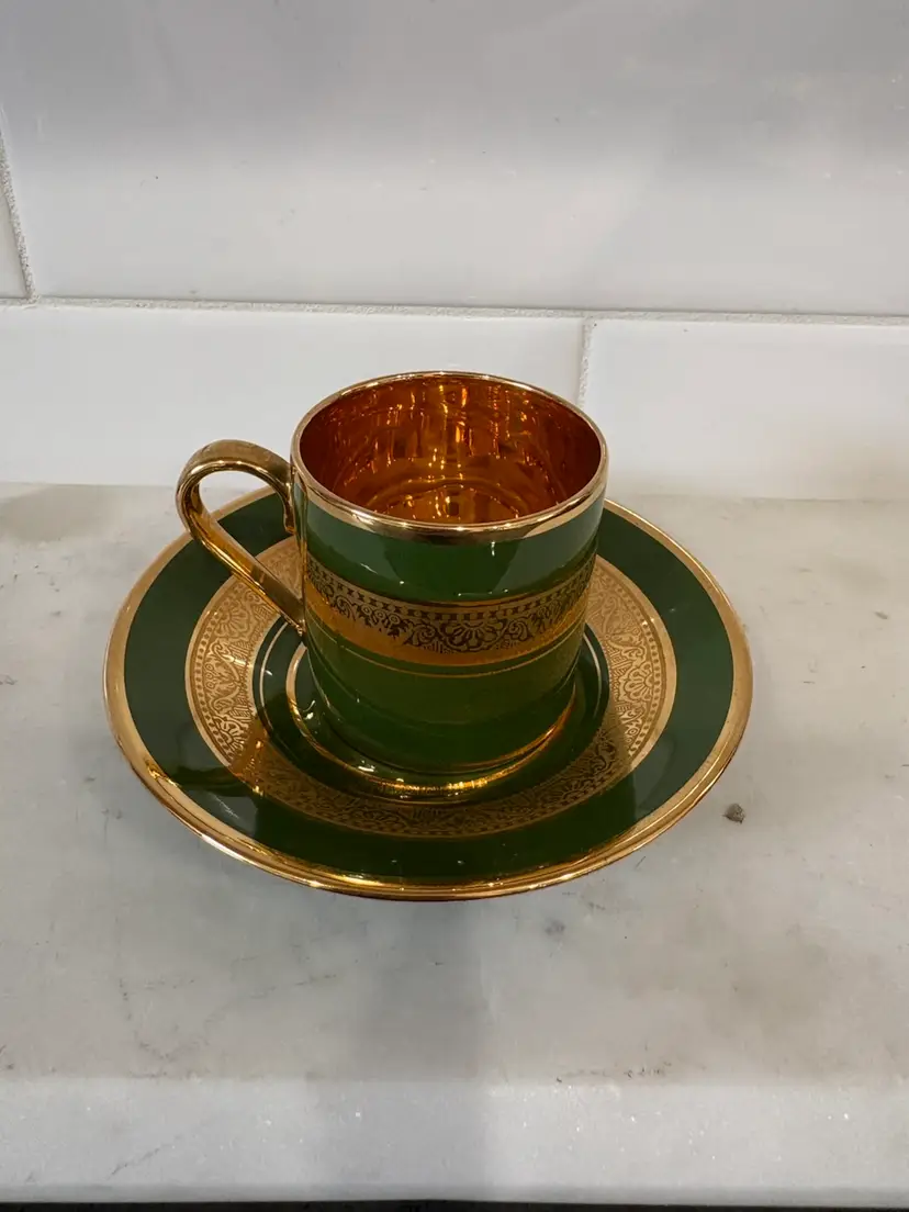 Vintage DEMITASSE CUP & SAUCER LEGLE PORCELAINE d'Art LIMOGES FRANCE Green/Gold