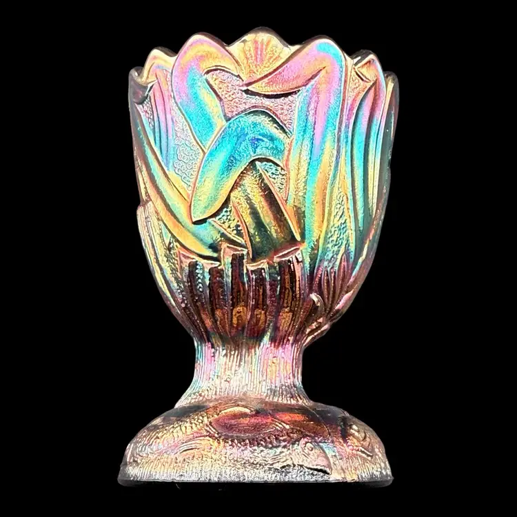 St. Clair Toothpick Holder Cobalt Kingfisher Heron Fish Iridescent Carnival Glass 3.5”