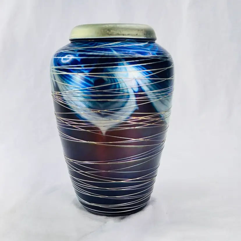 Correia Artist Proof Threaded Iridescent Pulled Feather Vase