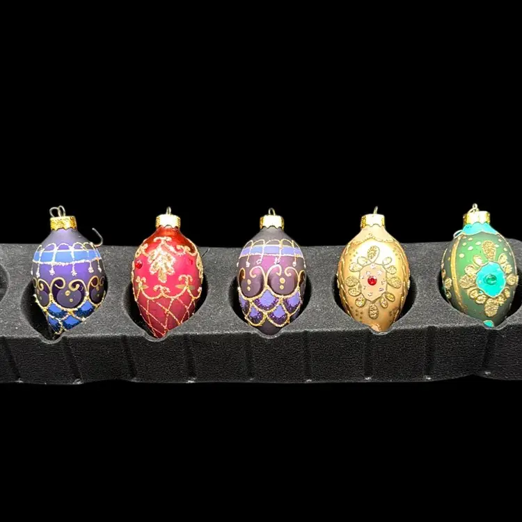 5 VTG Reproduction Blown Glass Hand Decorated Egg Ornaments 2 3/4”