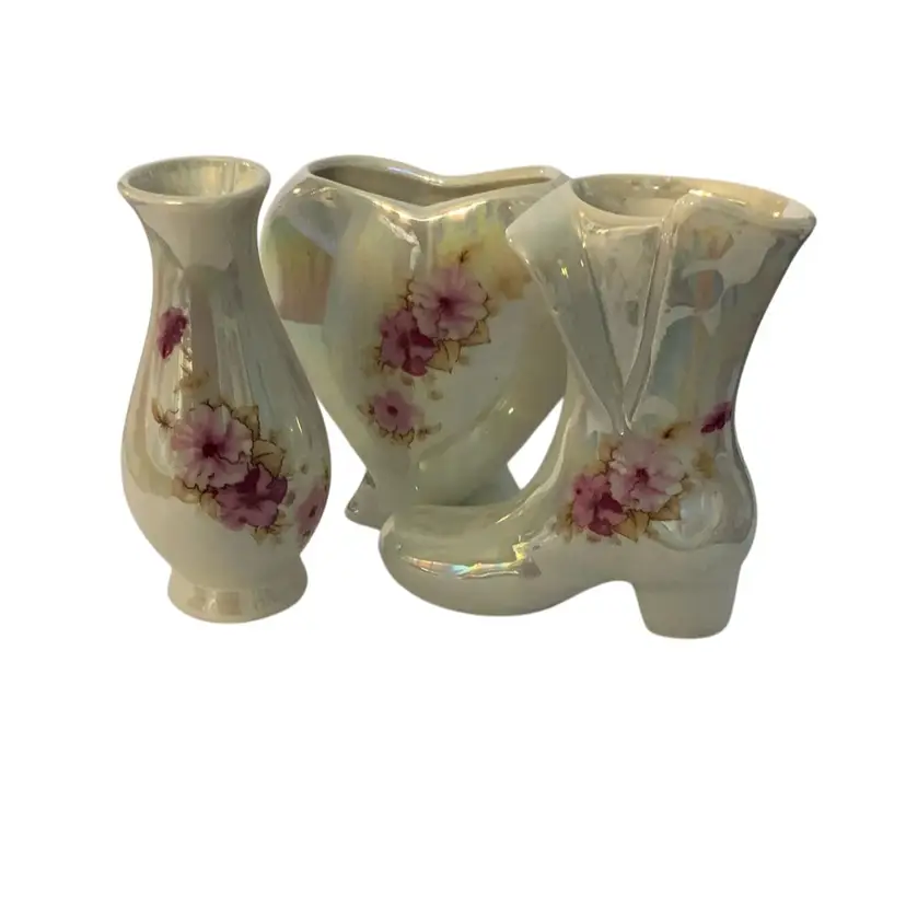 Vintage Pearlized Porcelain Heart And Boot Shaped Mini Bud Vases With Flower Decoration Made In Taiwan 4@ Tall