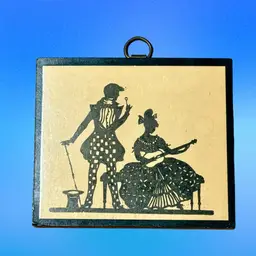 Vintage Reverse Painting Silhouette Courting Couple Wood Wall Hanging