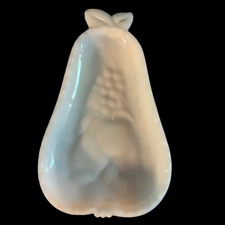 Hazel-Atlas -Milk Glass -Pear Dish – Fruit Front & Floral Back Design- 8”