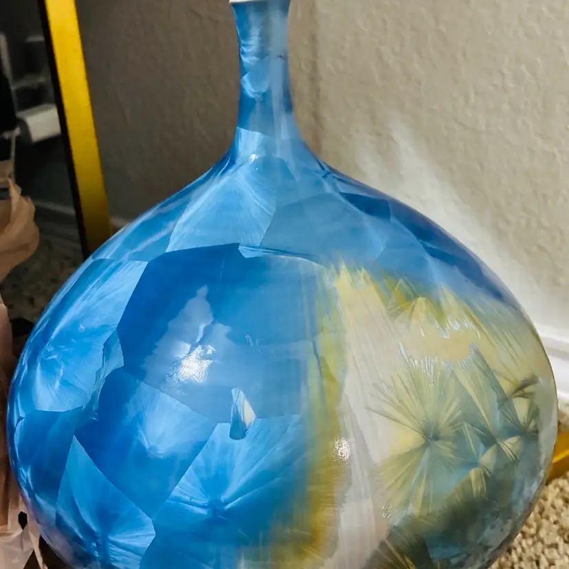 Tan And Blue Crystalline Bulbous Bud Vase Signed
