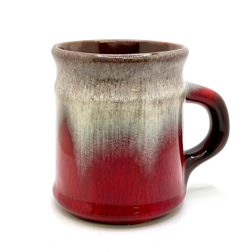 Vintage Red And Gray Drip Glaze Pottery Mug 4”