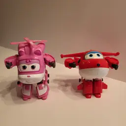 Super Wings - Transforming Dizzy and Jett Helicopter Plane Robot Red Pink 4"-5"