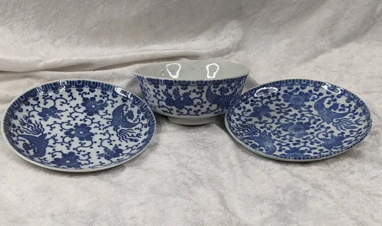 Vintage Blue White Flying Phoenix Bird  Soup Rice Bowl Tea Cup Saucer Plate 3 Pc Made in Japan
