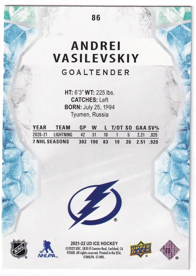 2021-22 Upper Deck Ice Green #86 Andrei Vasilevskiy Tampa Bay Lightning Hockey Card