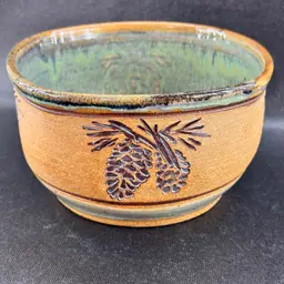 Hand Thrown Art Pottery Pine Cone Bowl Green And Brown Signed By Artist
