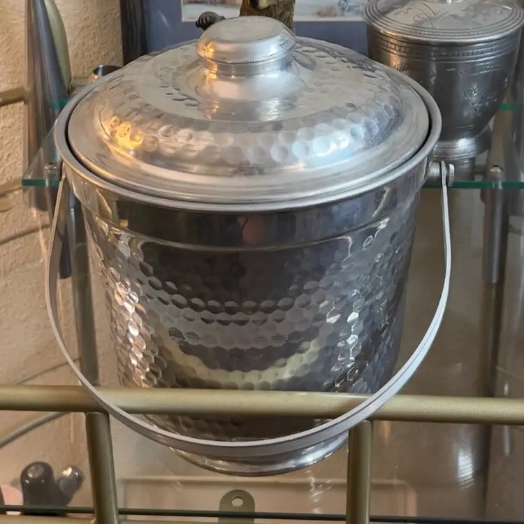 Vintage Hammered Aluminum Italy Handled Lidded Insulated Ice Bucket 10” X 8”