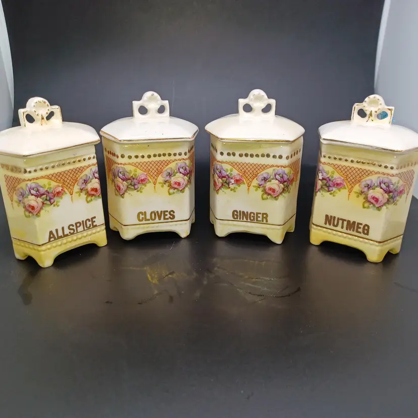 ANTIQUE LUISE CZECHOSLOVAKIA SPICE SET PORCELAIN CANISTER SET 4 PIECES