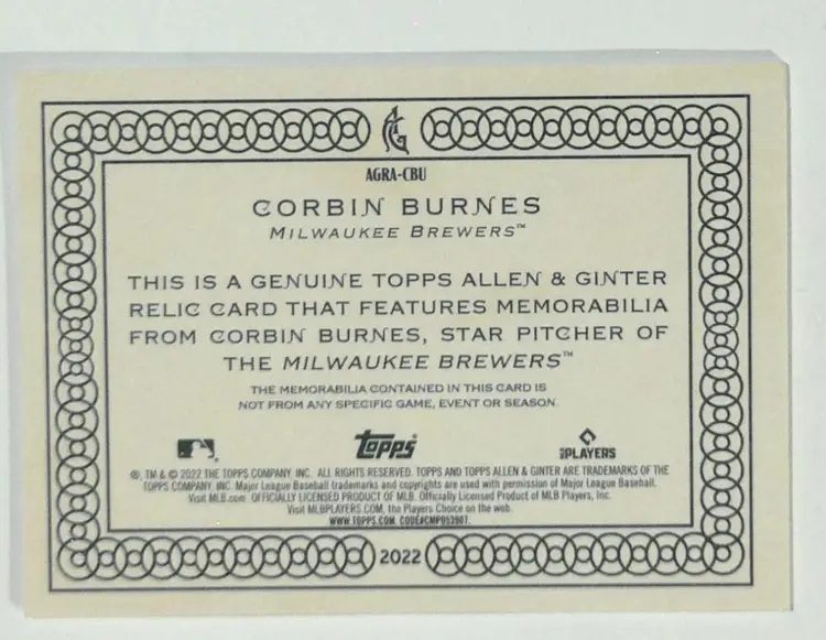 2022 Topps ARGA-CBU Allen & Ginter Corbin Burnes Milwaukee Brewers Game Used 2 Color Relic Baseball