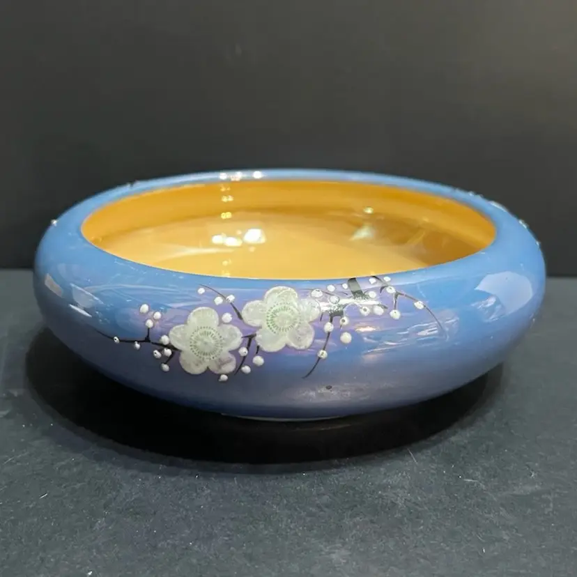 Hand Painted Floral Lustreware Vintage Trinket Dish Blue & Gold, Japan ~2.25” x 7.25” diameter