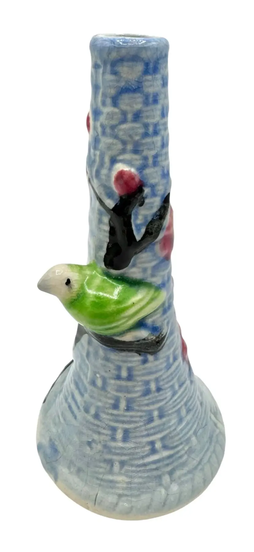 Vintage Yankoware Japan Ceramic Bud Vase Basket Weave Bird Cherry Blossom Floral
