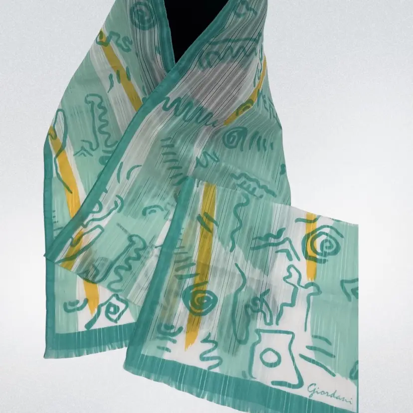Giordani Long Scarf And Handkerchief Set Teal Aqua White Yellow Abstract Art