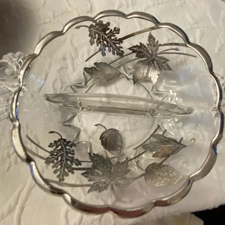 SILVER CITY GLASS COMPANY FLORAL SILVER OVERLAY RELISH DISH
