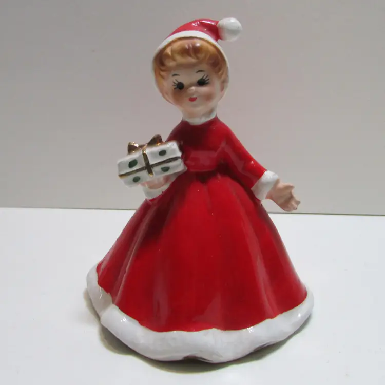 vintage Josef Originals Christmas bell girl in red dress figurine holding gift