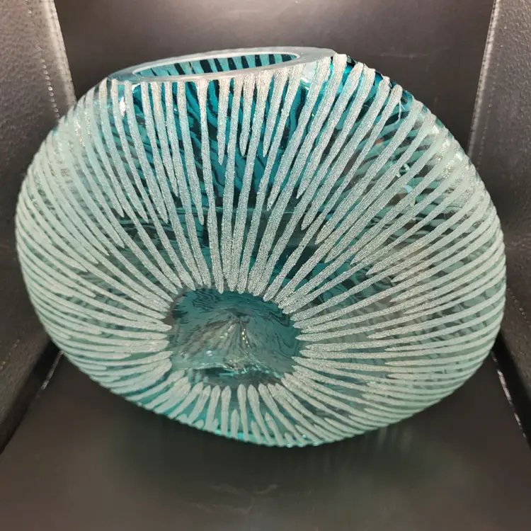 Vtg 1970's Blue Swedish Acid Etched Dimpled Oblong Blown Glass Vase