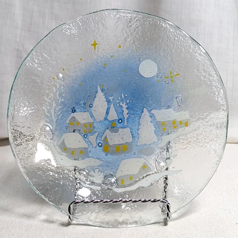 Winter Village Scene Fused Glass Plate By Abram Grove 'Abe's Plates'