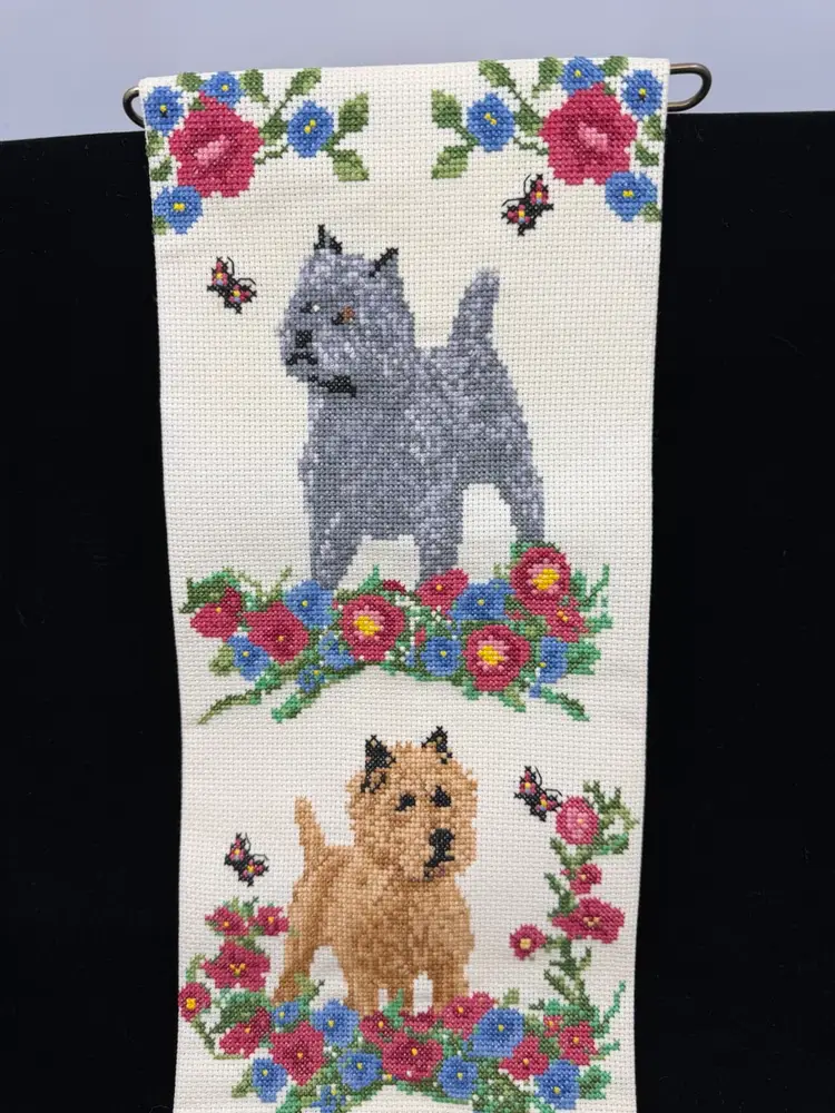 Vintage Cairn Terrier Cross Stitch Wall Hanging Metal Hangers W Tassel 31”