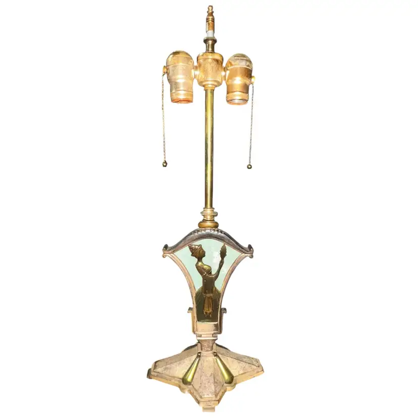 Art Deco Cast Metal Table Lamp with Brass Geisha Panel | 1930s Orientalist Lighting | Vintage Hollywood Regency