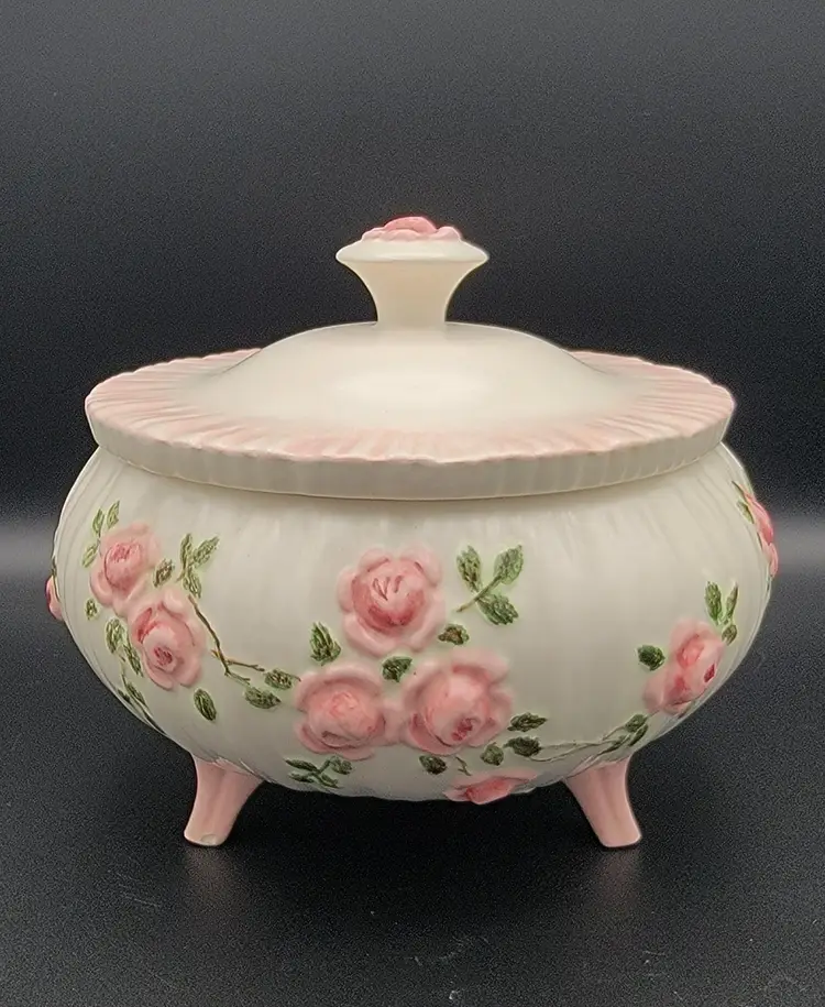 Vintage Candy Dish Ceramic Footed 3D Pink Roses with Handled/Knob Cover