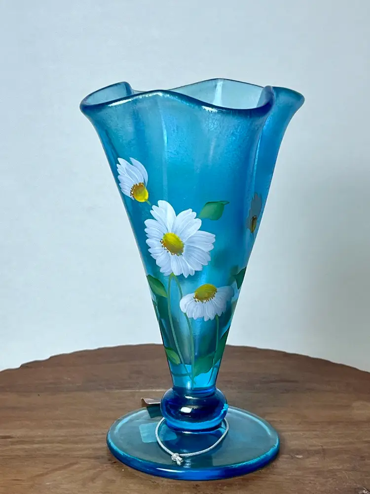 Fenton Celeste Blue Hand Painted Cloverleaf Stretch Vase