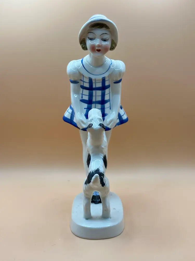 Antique Ceramic Art Deco Girl in Blue Dress w/ Terrier Dog Jumping Up
