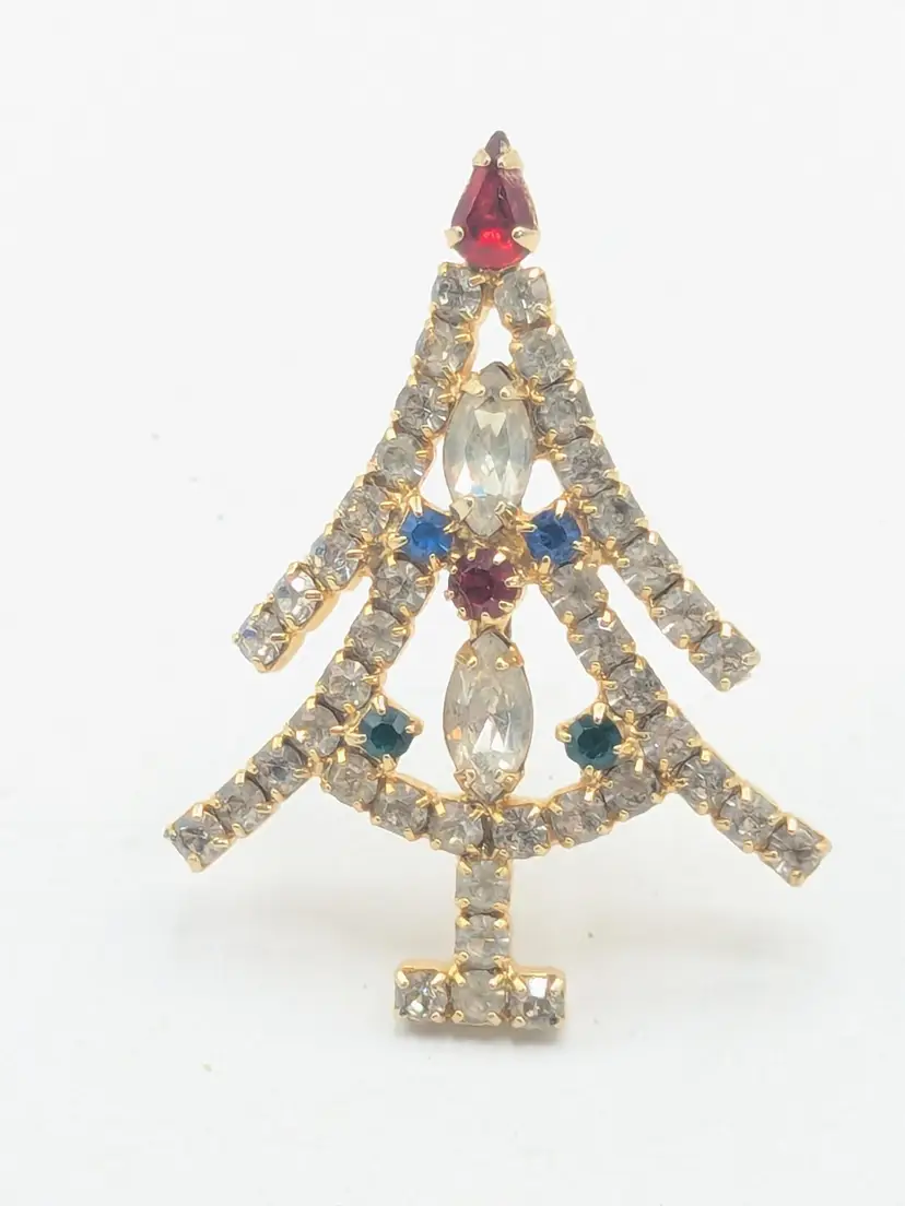 Vintage Rhinestone Prong Set Christmas Tree Brooch Pin Holiday Jewelry