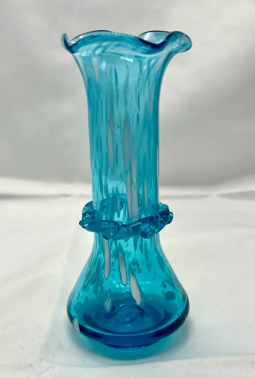 Rainbow Art Glass Hand Blown Blue White Frit Small Vase Bud Vase