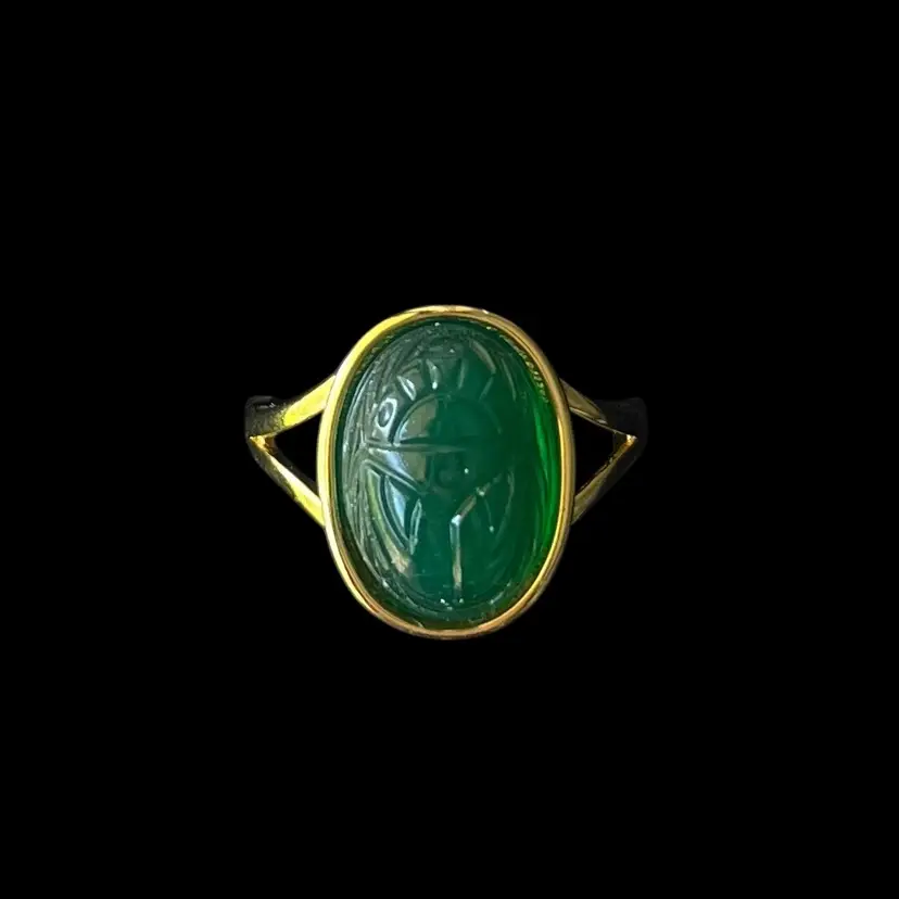 Dark Green & Gold Tone Glass Scarab Beetle Ring - Vintage Cabochon - Adjustable - Designed By Me