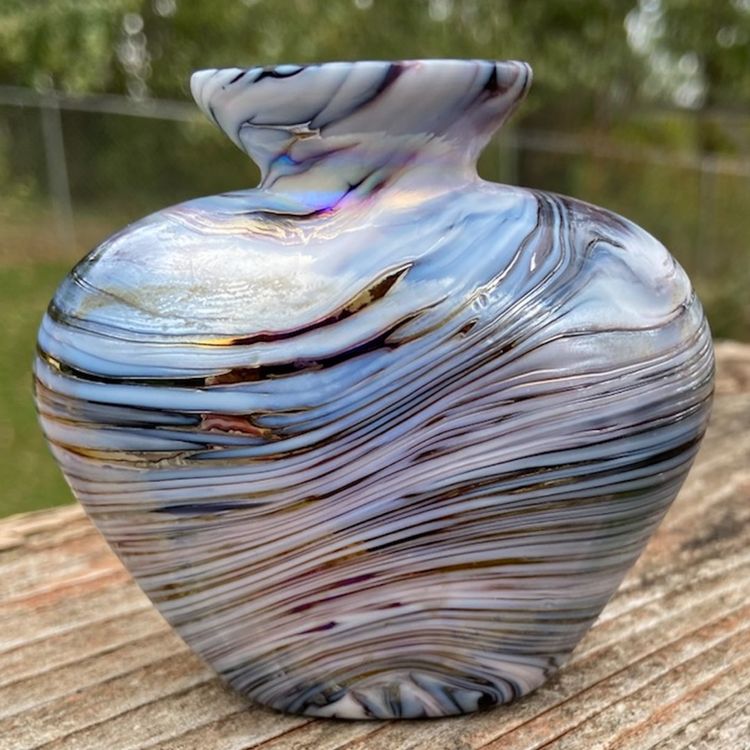 Handblown, Iridescent Swirl On Black Glass, Art Glass Vase (perfume bottle - no stopper). 2.75”h x 3”w. No Signature.