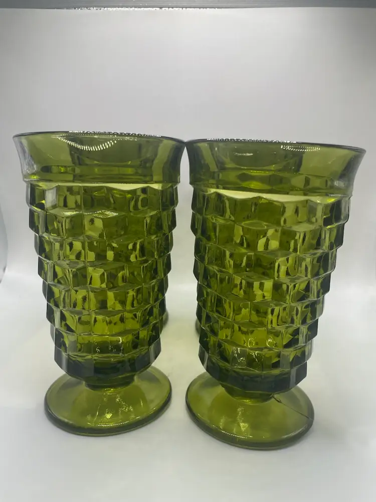 Vintage Indiana Glass Colony Avocado Green Cubist 6” Iced Tea Glasses