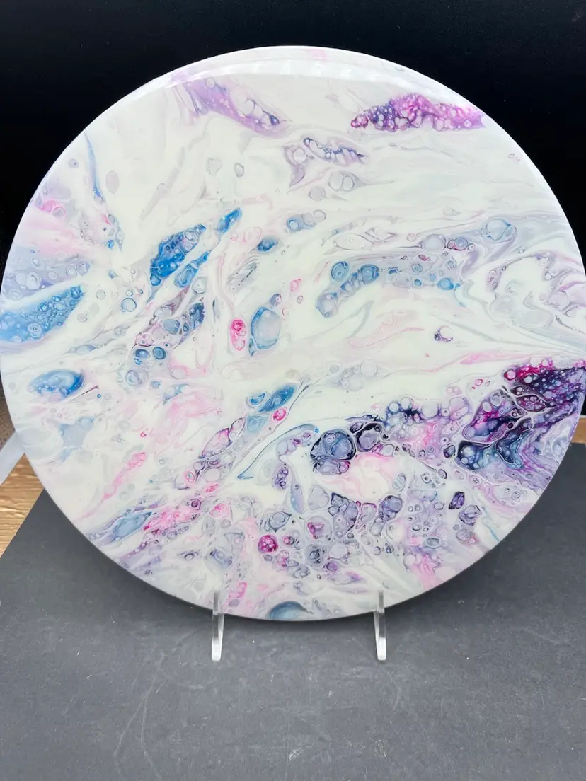Original Artwork Acrylic Pour On 33 Record Resin Sealed. Earthy/Planetary Shades Of Blues, Purples And Pink On White - Lots Of Cells