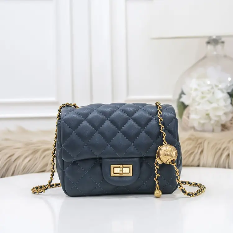 Quilted Navy Leather HandBag w/Ball Chain