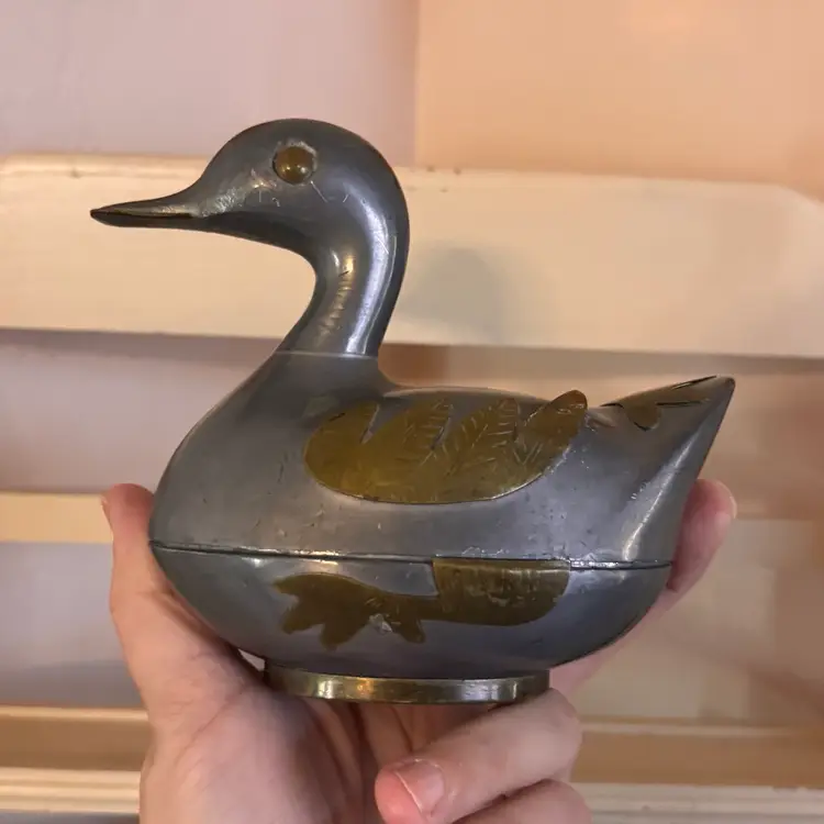 Vintage Brass Appliquéd Pewter Duck Trinket Box
