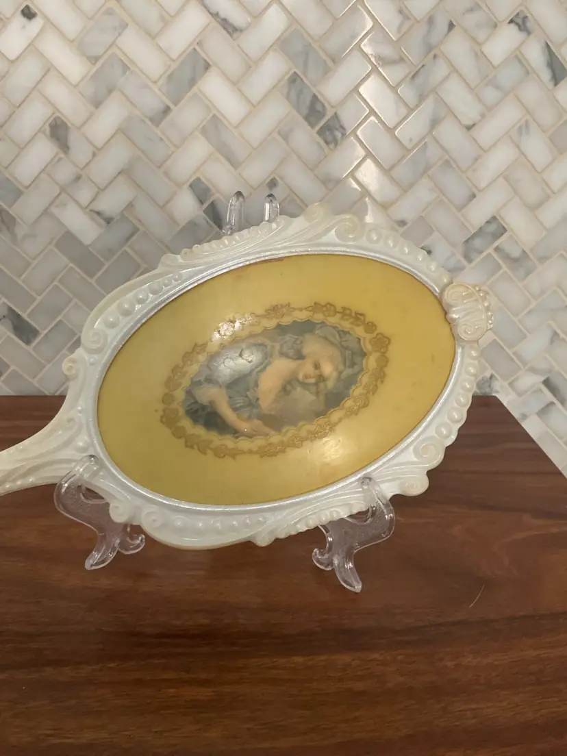 Vintage White Plastic Hand Mirror