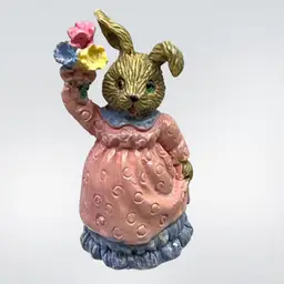 Miniature Resin Bunny Rabbit With Flowers Figurine 1.75”