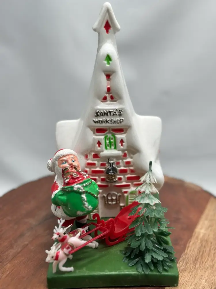 Vintage MCM Florabelle Santa Workshop Blow Mold Kitsch Reindeer