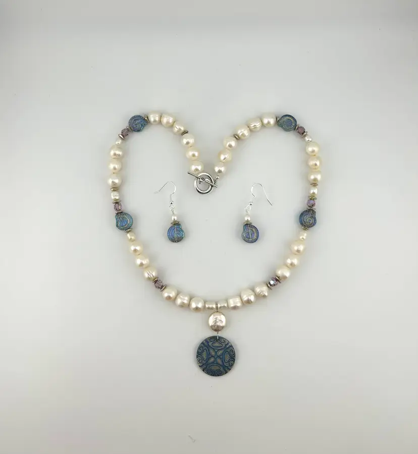 Glass and Pearl Beaded Necklace and Pierced Earring Set