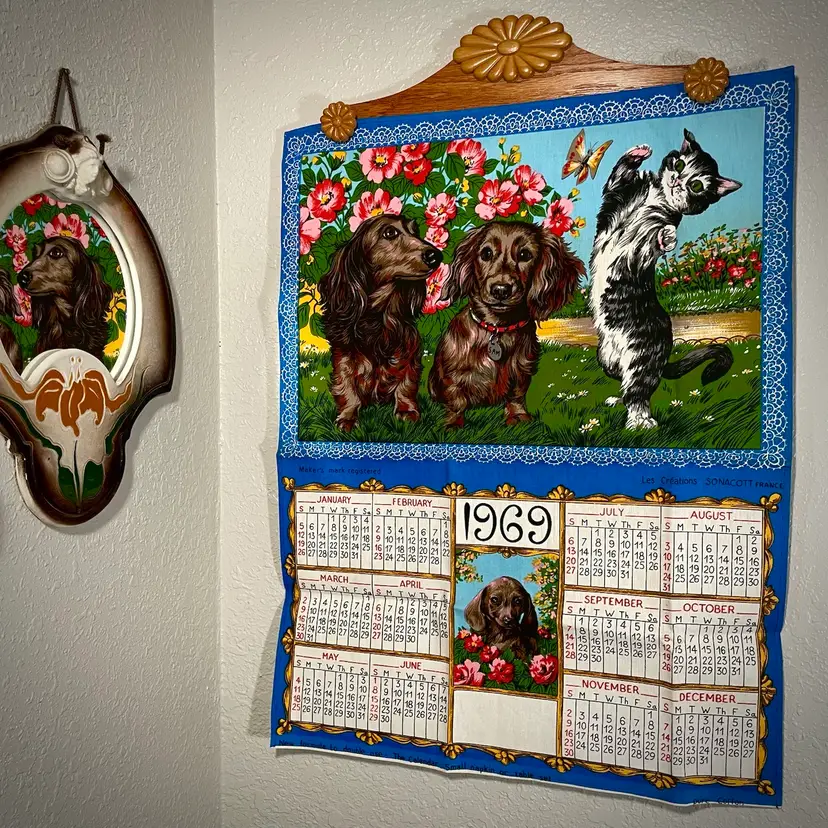 Vintage Sonacott France 60s Tea Towel Calendar 1969 Wiener Dog Dachshunds & Kitten 19x25"