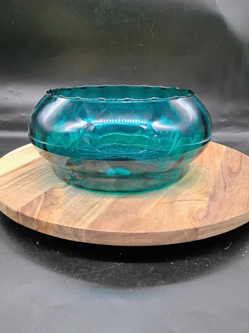 Empoli Art Glass Teal Green Blue Large Decorative Shallow Optic Bowl.