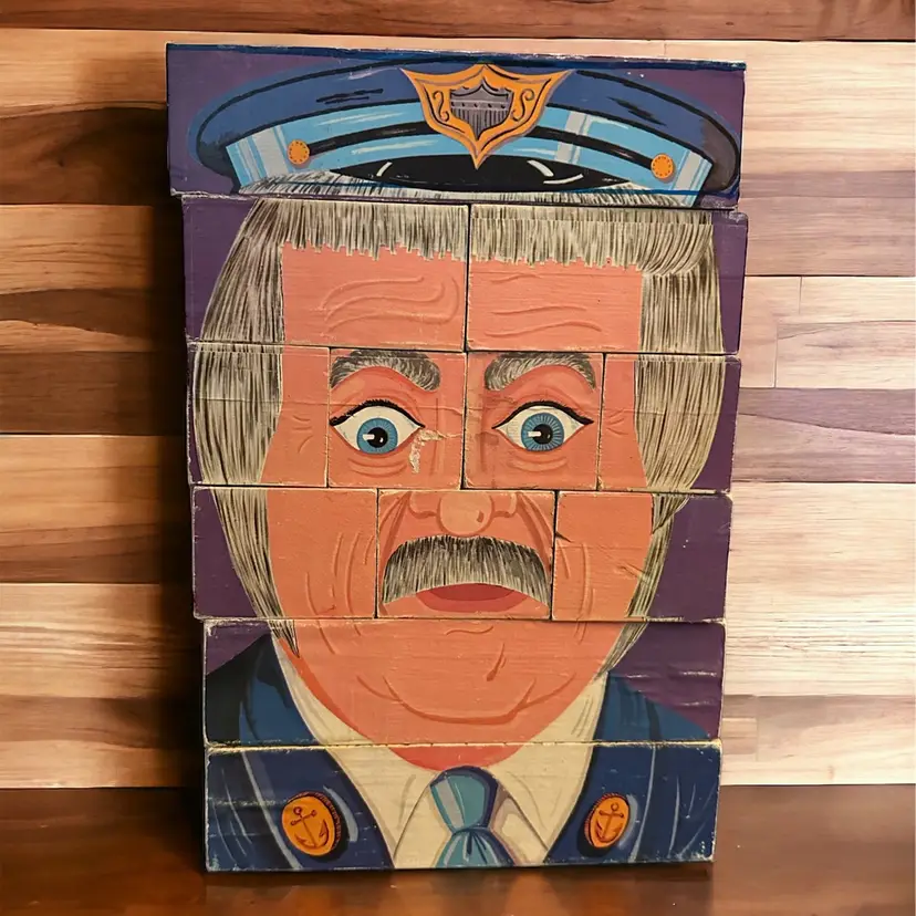 Vintage 1969 Playskool "Captain Kangaroo" Wooden Face Changing Block Puzzle