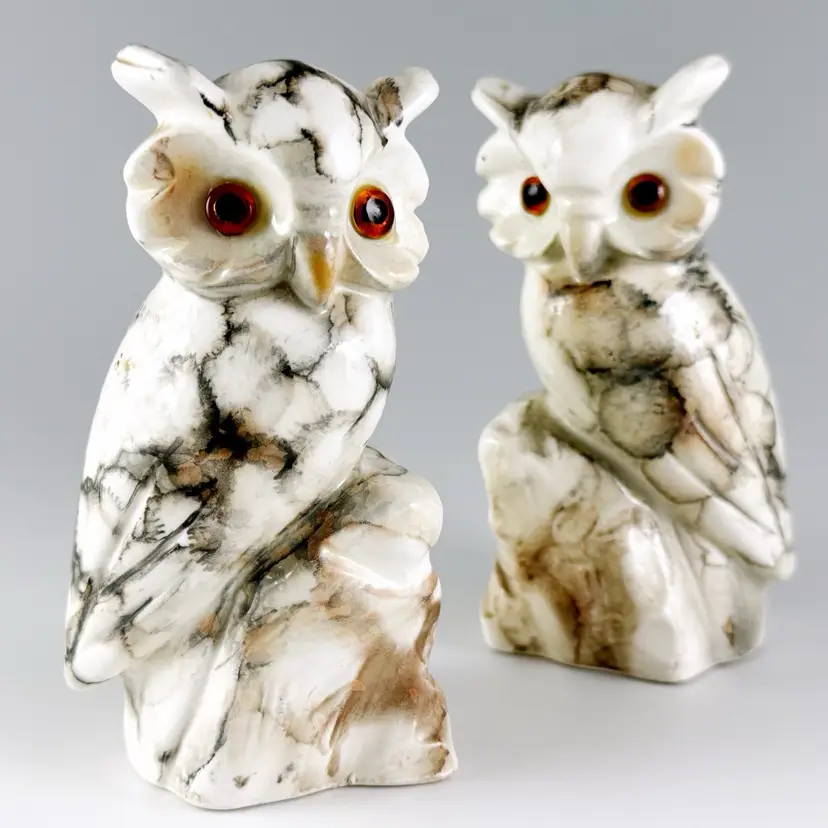 2 Enesco Faux Marble Ceramic Owl Bookend Figurines, Vintage Made in Japan