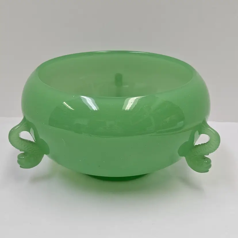 Vintage Fenton Art Glass 4x7 Jadeite Green Chinese Dolphin Bowl 3 Handle Koi Fish