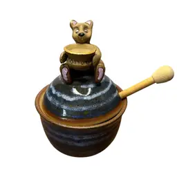 Glazed Blue Applied Bear Honey Pot With Utensil “As Is” Repair Done To Arm On Bear “As Is”