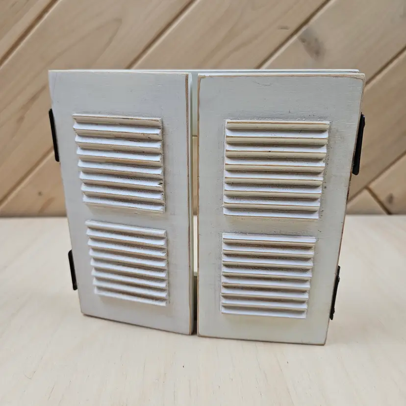 Shutter-Style Hinged Wood Picture Frame With Distressed White Finish For 3.25 x 3.25" Photos Country Chic Hang or Shelf Sitter